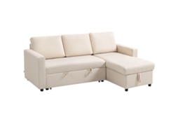Sofá De Canto Conversível Com Chaise Longue Reversível, Compartimento De Arrumação E 3 Almofadas De Encosto, Cor Creme.