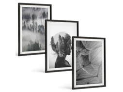 Conjunto De Pinturas Floresta, Neblina, Retrato, Árvores, Dente-de-leão Moldura Preta Quadros Para O Escritório Espelharte (3 Piezas De 40x60 Cm)
