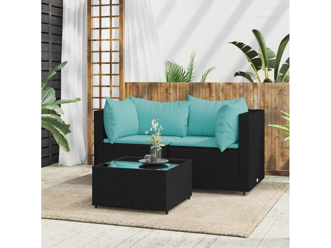 Vidaxl 3 Pcs Conjunto Lounge De Jardim C/ Almofadões Vime Pe Preto