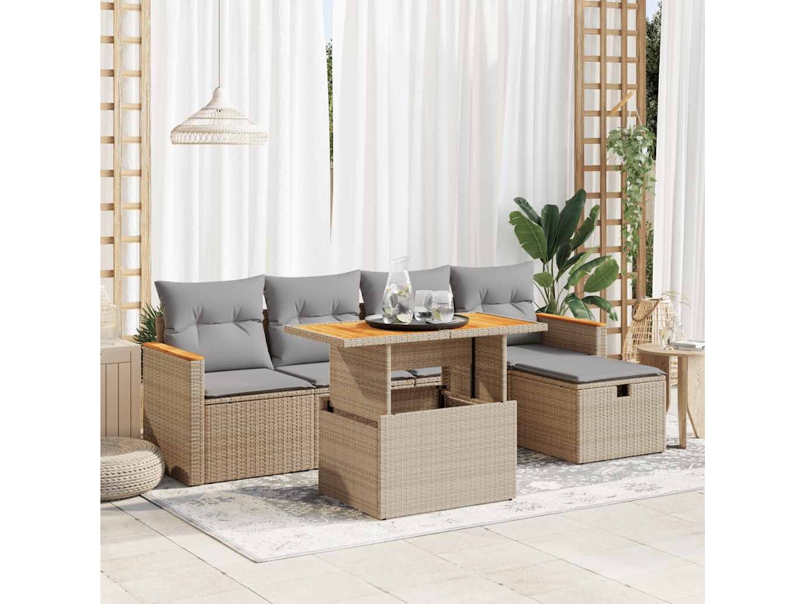 Vidaxl 6 Pcs Conjunto De Sofás P/ Jardim Com Almofadões Vime Pe Bege
