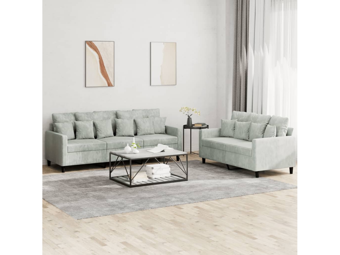 Vidaxl 2 Pcs Conjunto De Sofás Com Almofadões Veludo Cinzento-claro