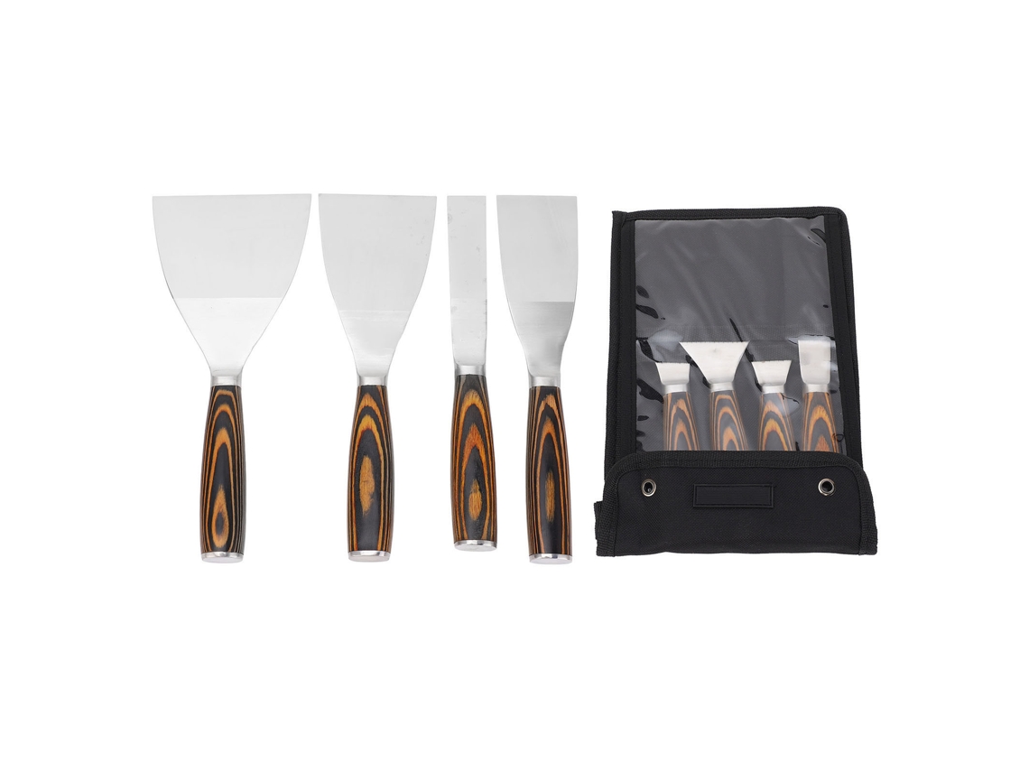 Conjunto de 4 ferramentas raspadoras para drywall, em aço inoxidável e madeira de faia, para acabamento em drywall.