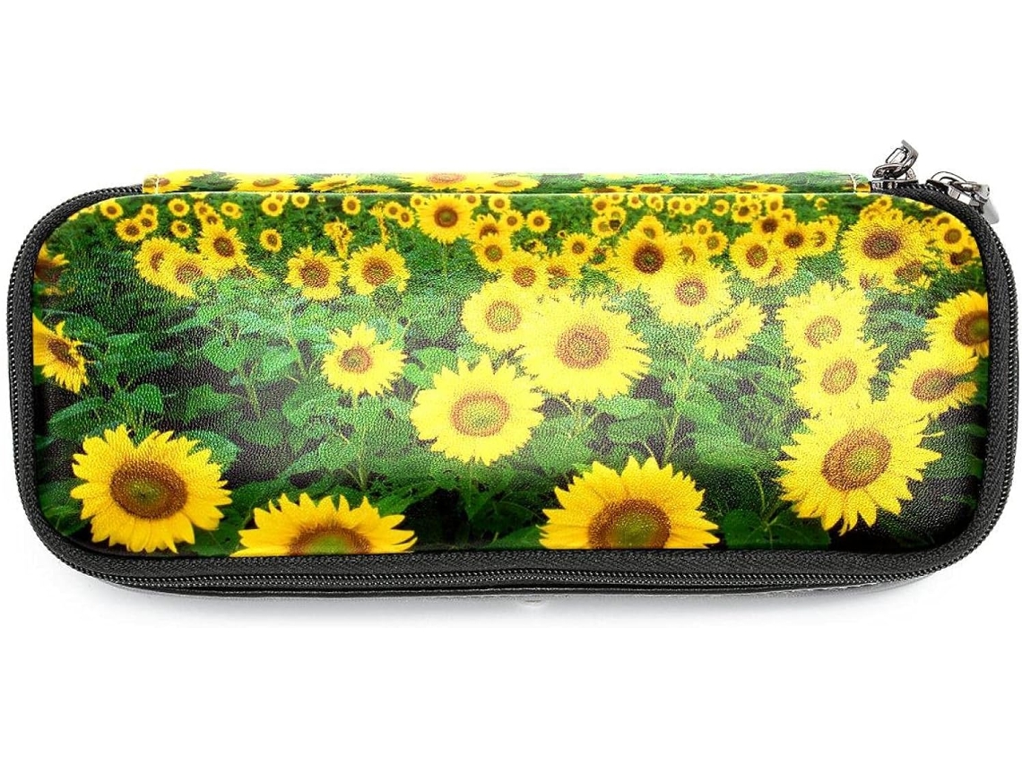 Amplo espaço de armazenamento com estampa floral de girassóis, organizador de canetas, essencial para mochilas e bolsas escolares.