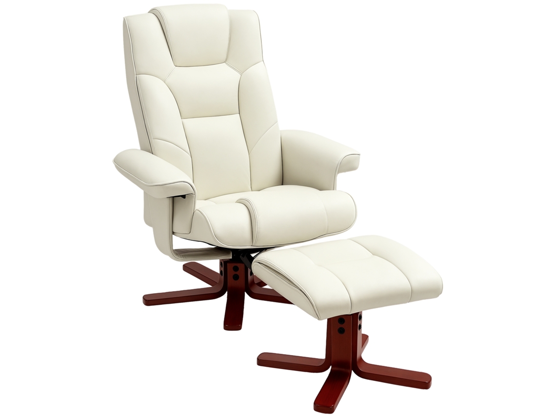 Cadeira De Relaxamento Com Puff, Efeito Couro, Encosto Reclinável, Até 150 Kg, Creme