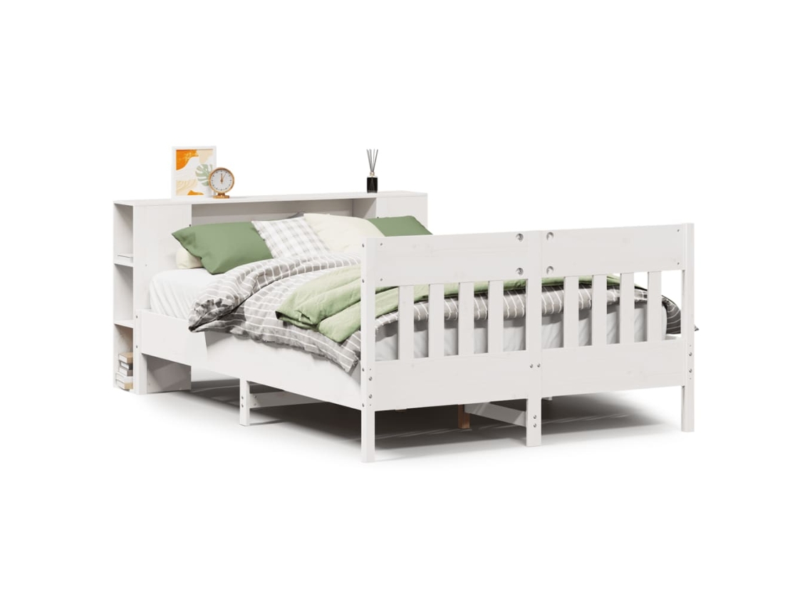 Cama com Estante Pinho Maciço Branco MAISON EXCLUSIVE (140x190 cm)