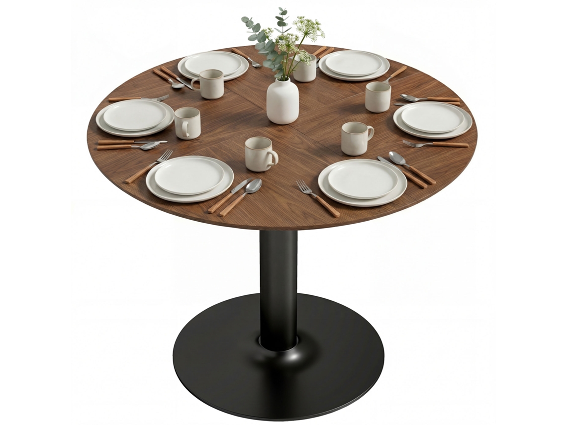 Mesa Redonda 110cm com Base Moderna, Veios Madeira para Sala e Cozinha Marrom