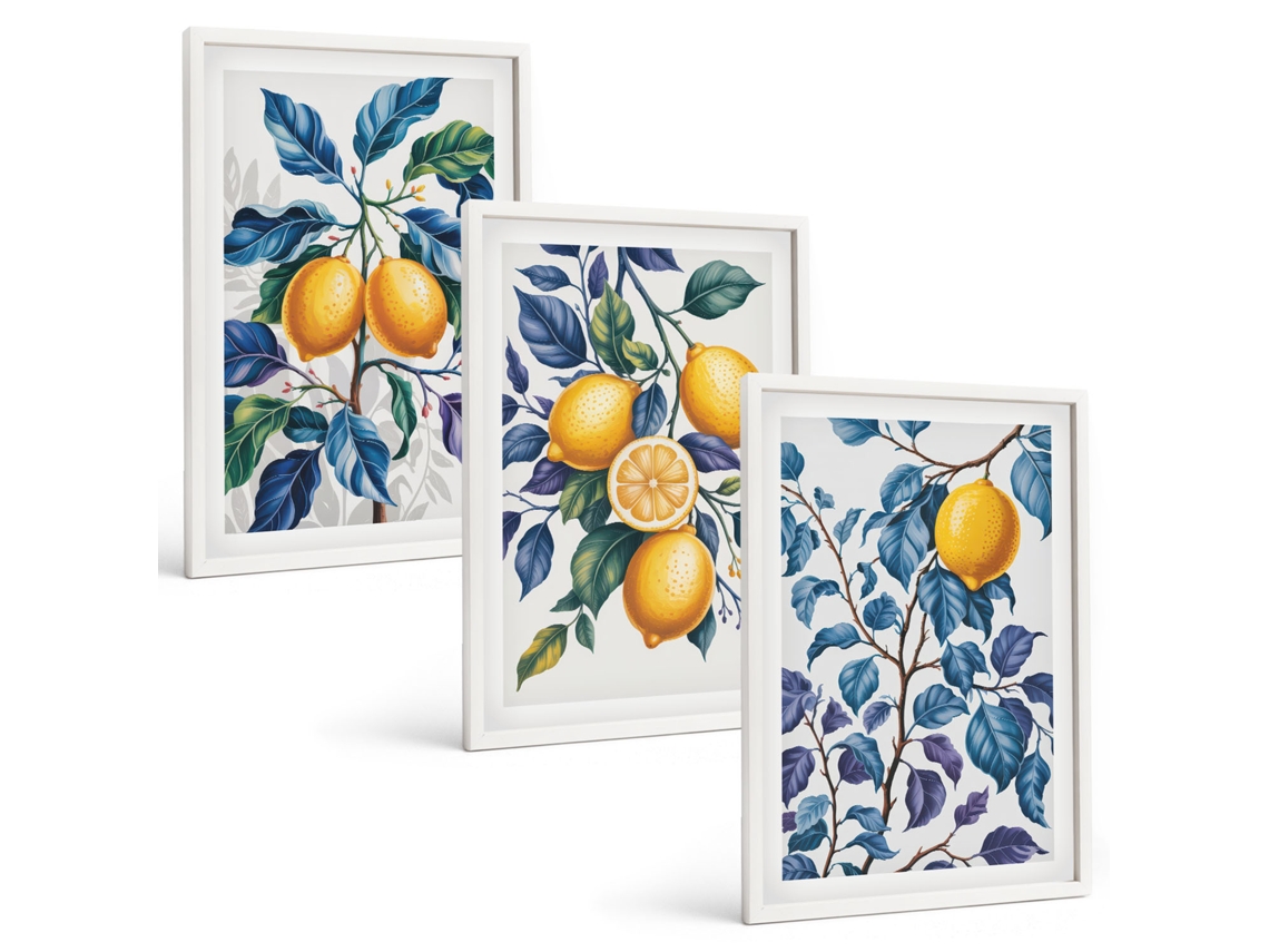 Conjunto De Pinturas Limões, Galhos, Folhas Azuis Espelharte (3 Peças 40x60 Cm)