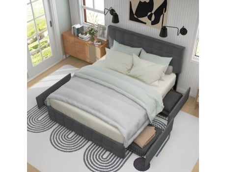 Cama de Casal com Arrumação e Gavetas Estofada Base Ripas Metálicas YUETOPP Linho Cinzento (140x200cm)