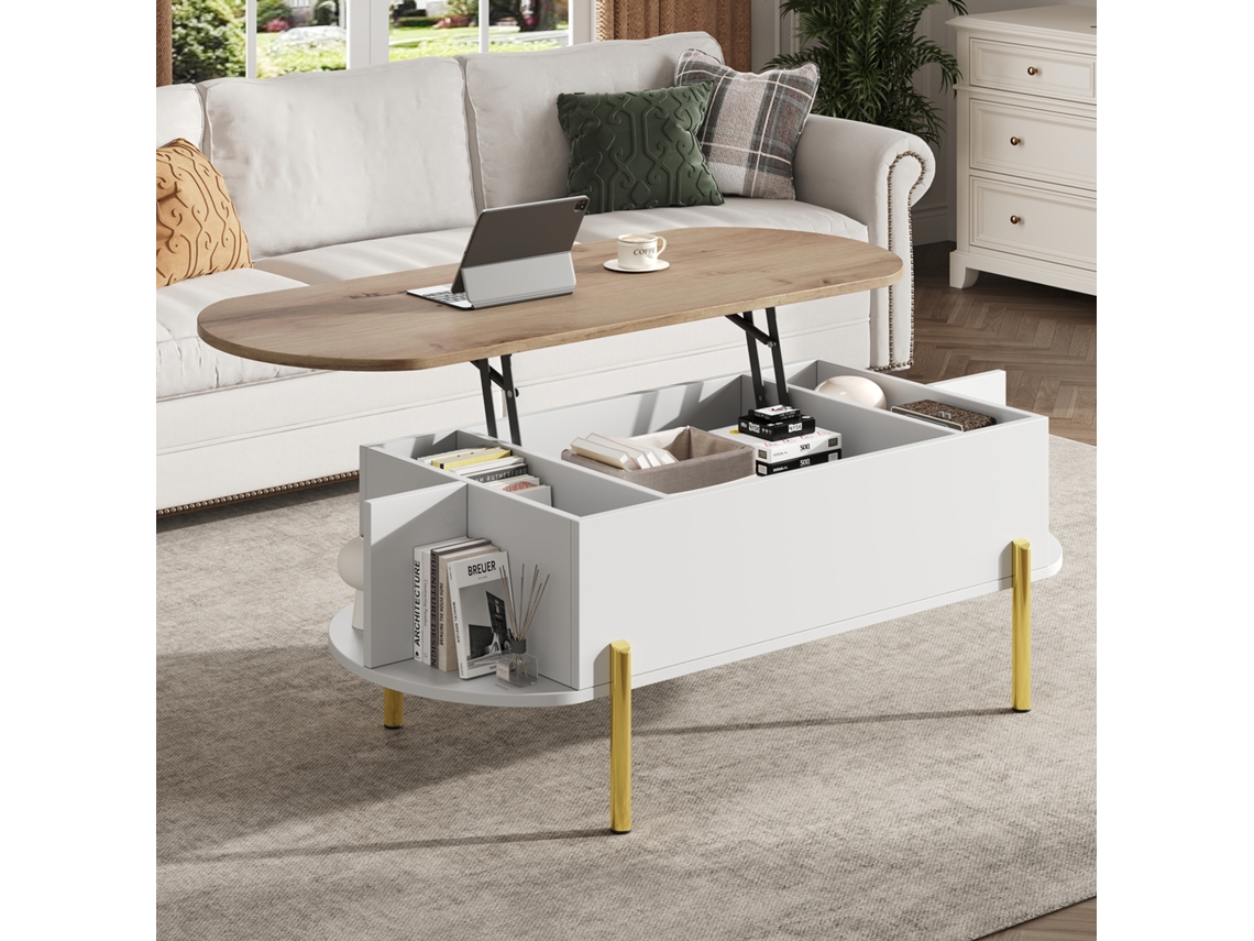 Mesa Centro 120x50x43cm Altura Ajustável 7 Prateleiras Madeira Branco