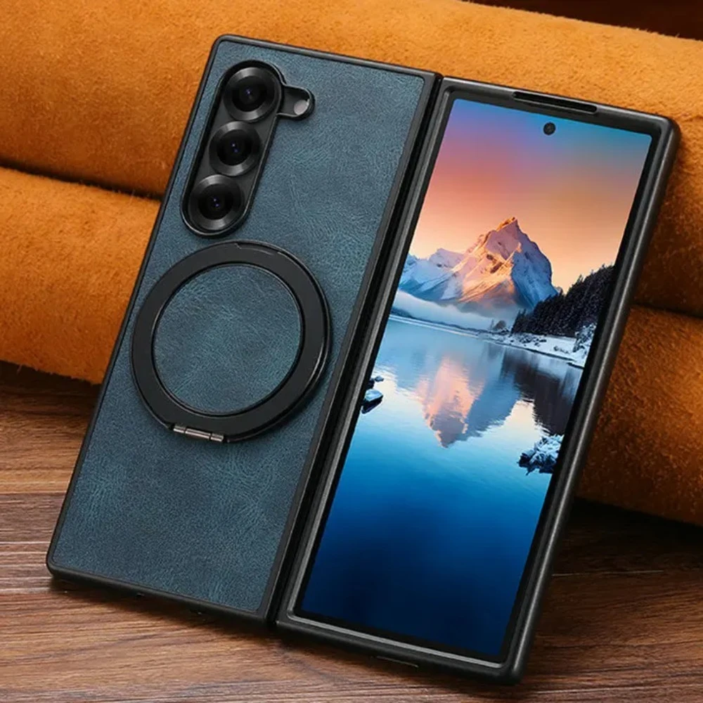 (azul, Galaxy Z Fold7) Capa De Luxo Em Couro Fosco Com Carregamento Magnético Sem Fio, Suporte De Anel E Proteção Antichoque