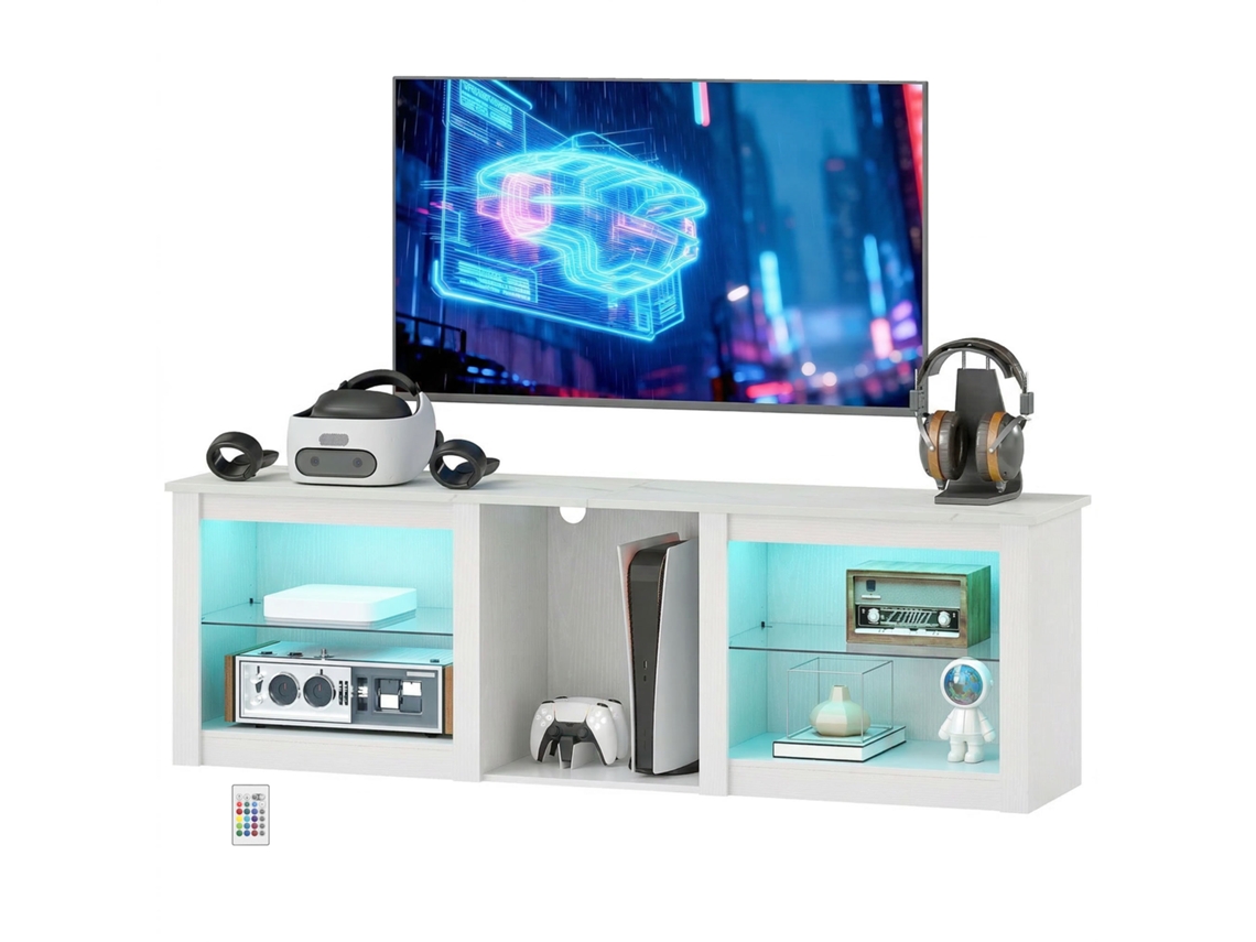 Suporte De Tv Com Iluminação Led Tv De Até 70 Polegadas. 160cm Com Prateleiras De Vidro Ajustáveis. Branco