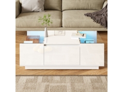 Mesa De Centro Moderna 105 Cm - Com Arrumação, Iluminação Led, 2 Gavetas, Vidro - Branco