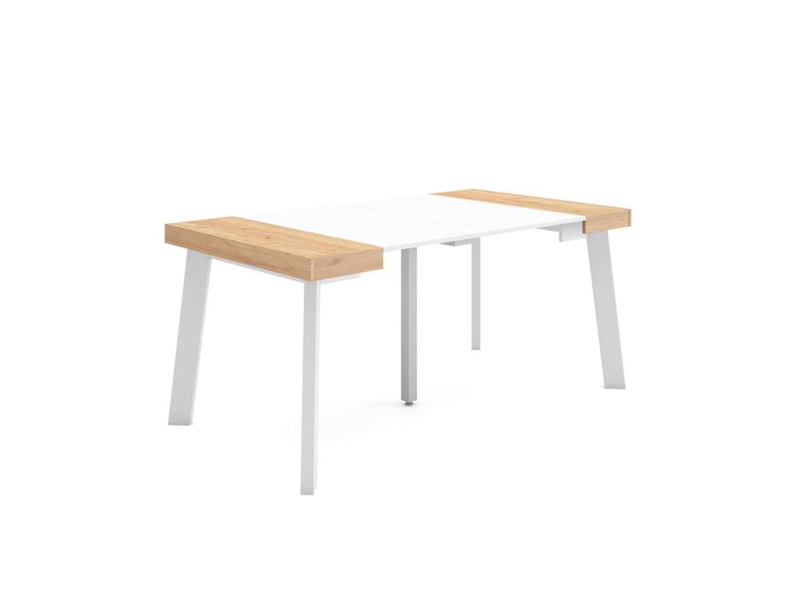 Mesa Consola Extensível, 160x90x73cm, Para 8 Pessoas, Pés De Madeira, Carvalho E Branco