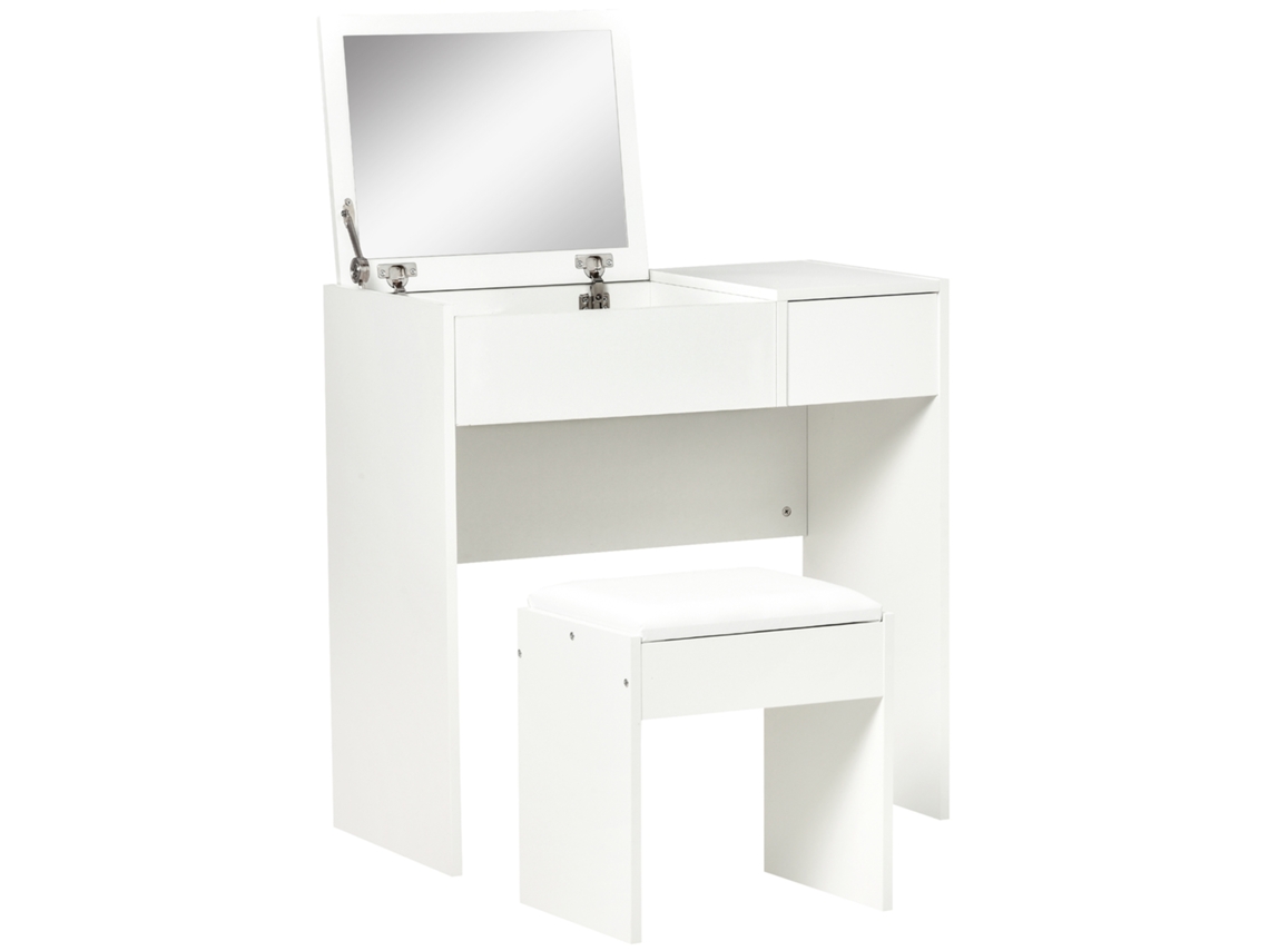 Mesa de Maquiagem com Espelho Rebatível, penteadeira moderna com 4 gavetas e Banqueta MDF branco 80x40x79 cm BTFORUS
