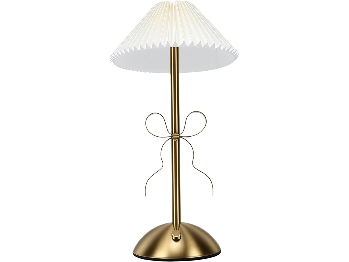 Luminária de mesa recarregável via USB, com intensidade ajustável, cúpula de tecido plissado e controle por toque, ideal para iluminação de mesa.