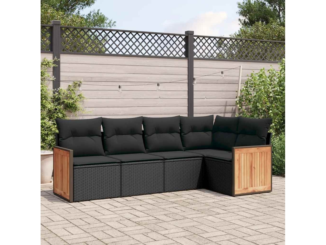 Vidaxl 5 Pcs Conjunto Sofás De Jardim Com Almofadões Vime Pe Preto
