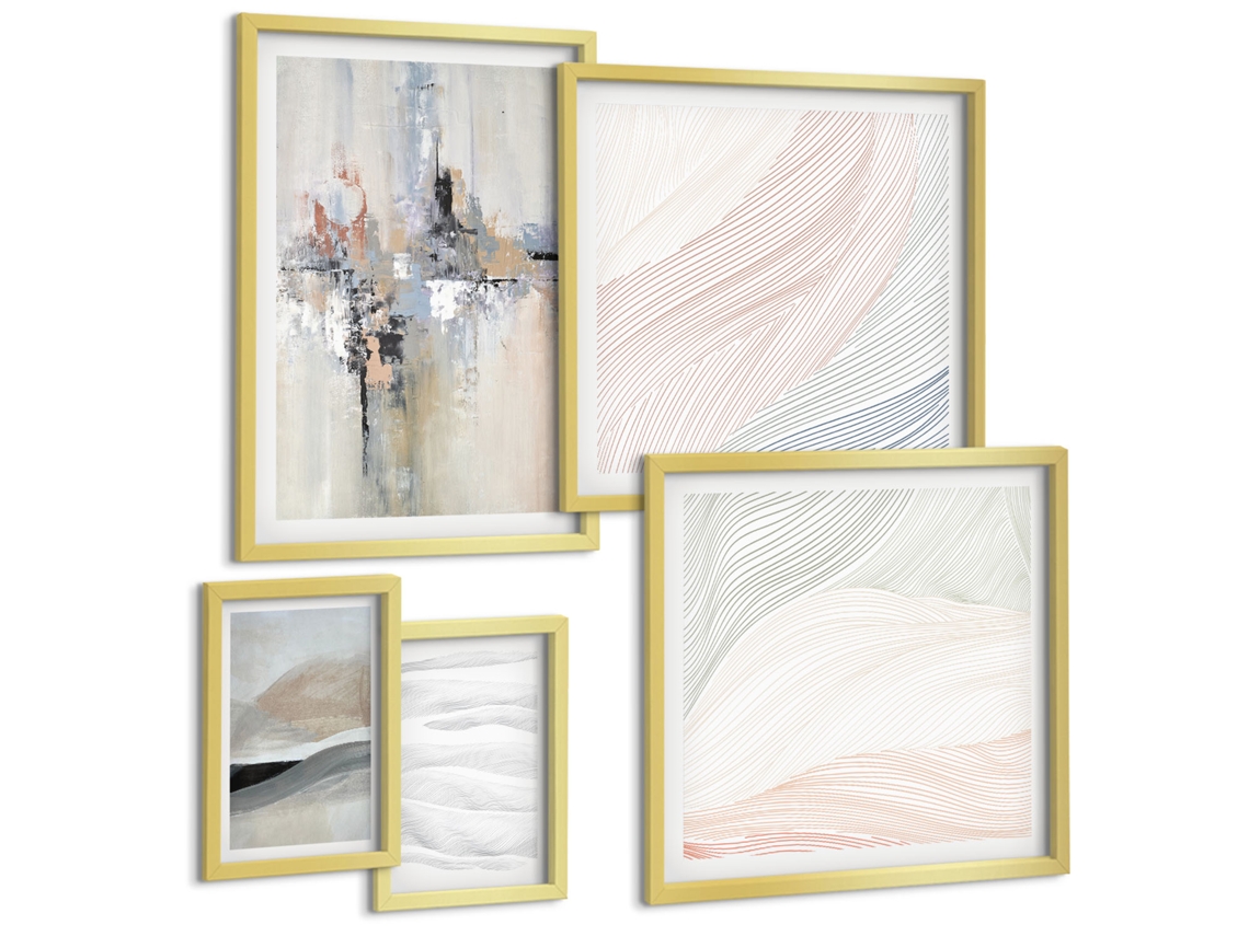 Galeria De Pinturas Murais Montanhas De Outono, Rios, Chalés Moldura Dourada Fotos Para O Escritório Espelharte (conjunto De 5 Imagens)