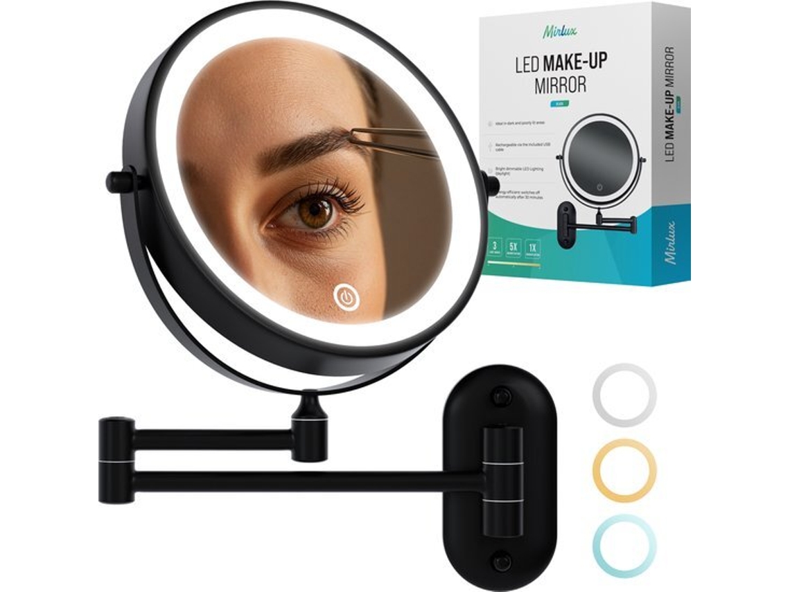 Espelho Maquiagem Mirlux Led Aumento 5x Preto Recarregável