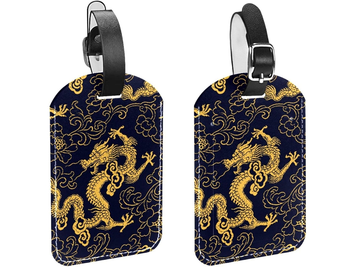 Conjunto De 2 Etiquetas Bagagem Em Couro Pu Com Desenho Dragão Dourado Chinês Proteção Privacidade