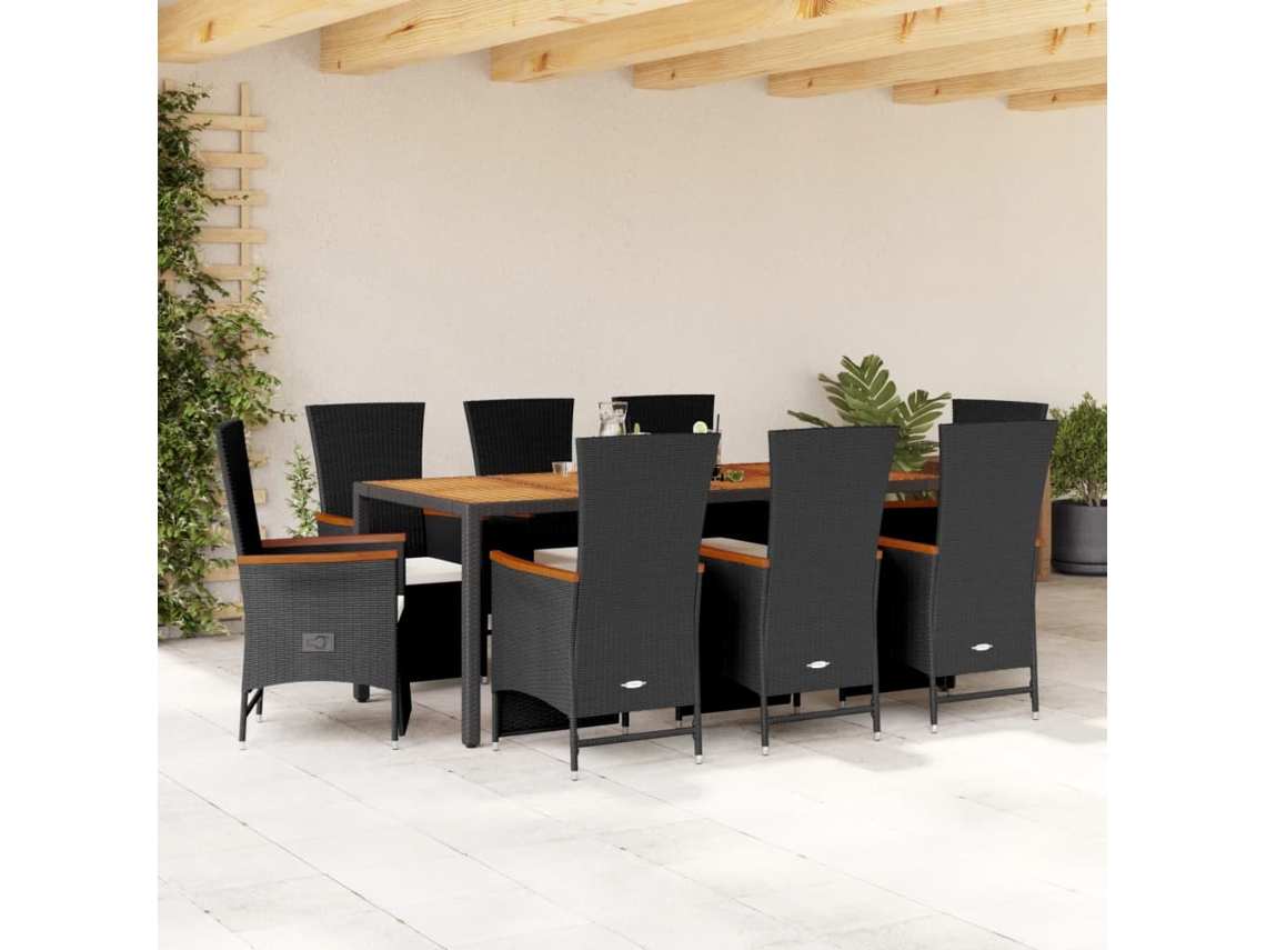 Vidaxl 9 Pcs Conjunto De Jantar P/ Jardim C/ Almofadões Vime Pe Preto