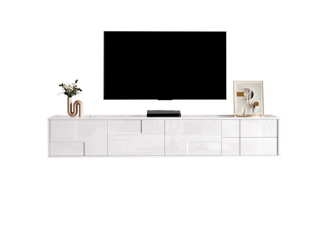Móvel De Tv 170 Cm - Moderno, Suspenso Ou De Pé, Sem Puxadores, 3 Portas E 2 Gavetas - Branco Brilhante