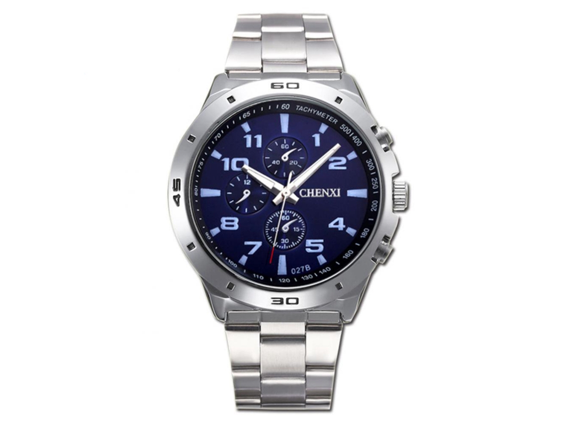 Relógio masculino de pulso com pulseira de aço inoxidável, modelo redondo, quartzo.