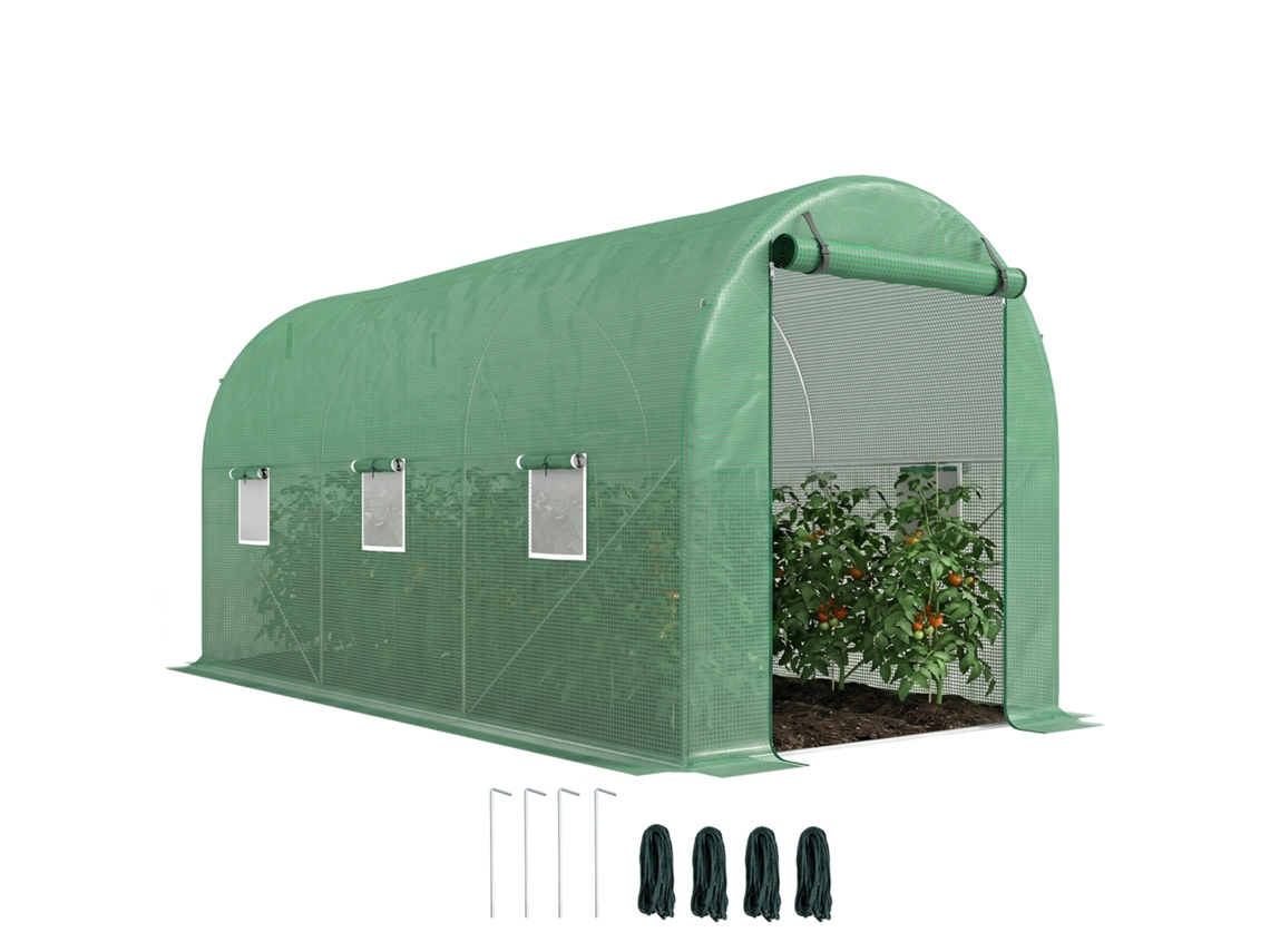 Estufa Abobadada, 6 Janelas Em Treliça, Papel Alumínio Transparente, Estrutura Metálica, 3,95 X 1,95 X 1,90 M, Verde