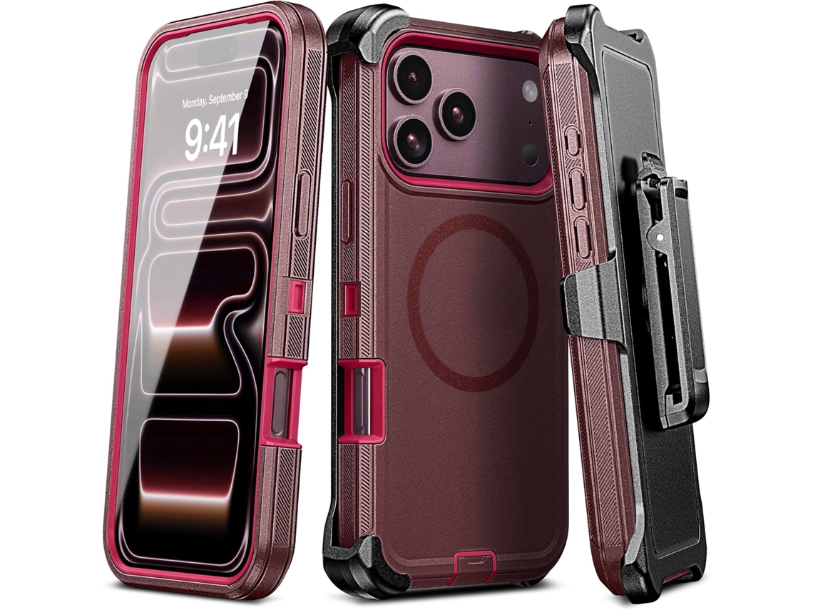 Capa Hexinyigjly Para Iphone 17 Pro Com Clip De Cinto, Proteção Tripla Contra Choques E Compatível Com Carregamento Magnético Carmesim