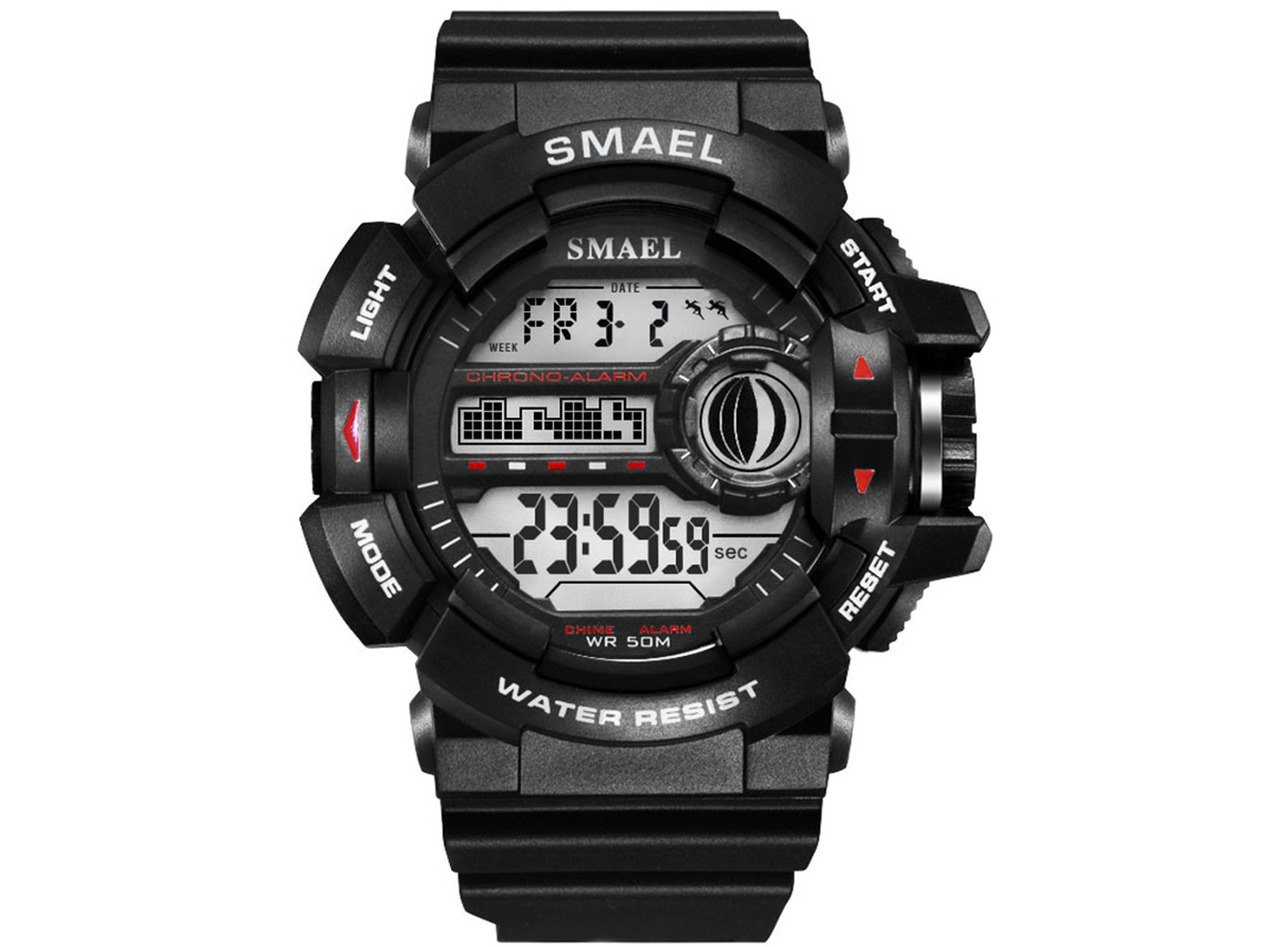 Relógio esportivo masculino Smael com pulseira de plástico à prova d'água para atividades ao ar livre, preto e vermelho.