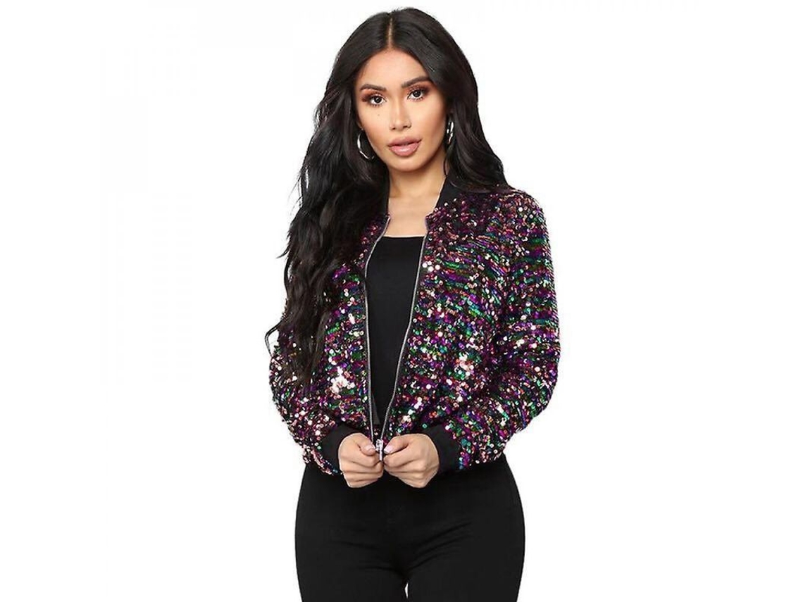 Jaqueta bomber feminina ajustada com lantejoulas, mangas compridas e fechamento em zíper, modelo 2026, tamanho XL (Uyk).