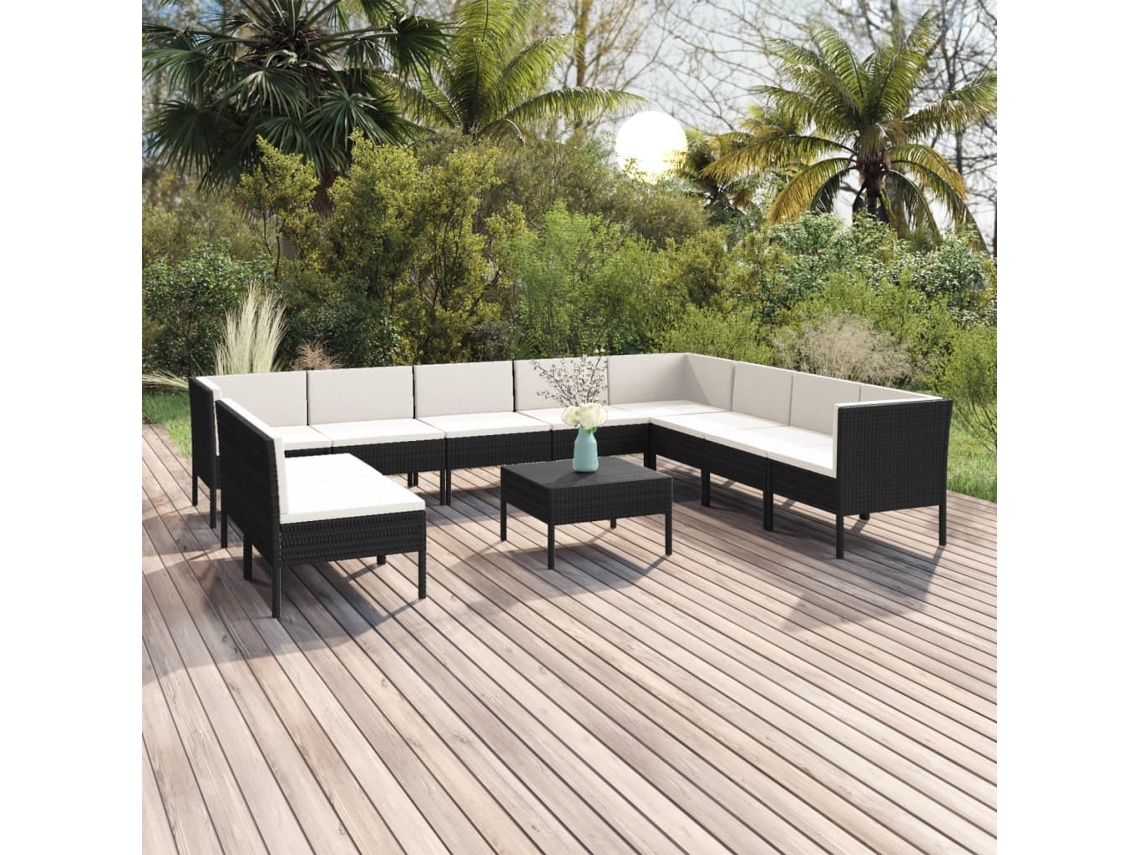 Vidaxl 11 Pcs Conjunto Lounge De Jardim C/ Almofadões Vime Pe Preto