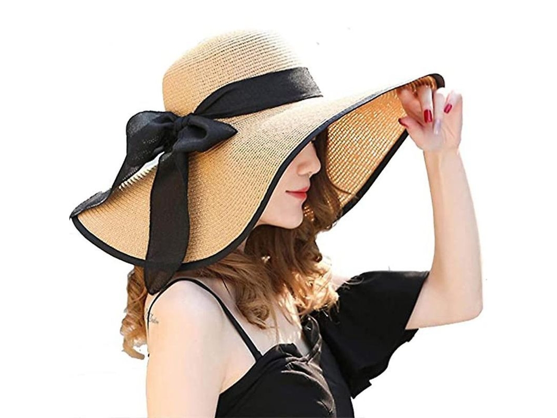 Chapéu de palha feminino 2026 com laço grande, aba larga dobrável, proteção UV, ideal para praia e verão.
