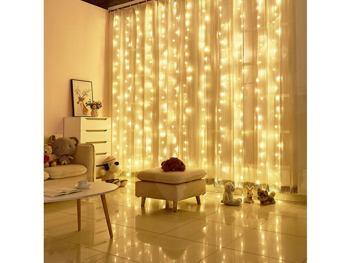 Cortina de Luz Led 3X3M 300 Leds Controle Remoto e Timer Branco Quente NEVEANCE