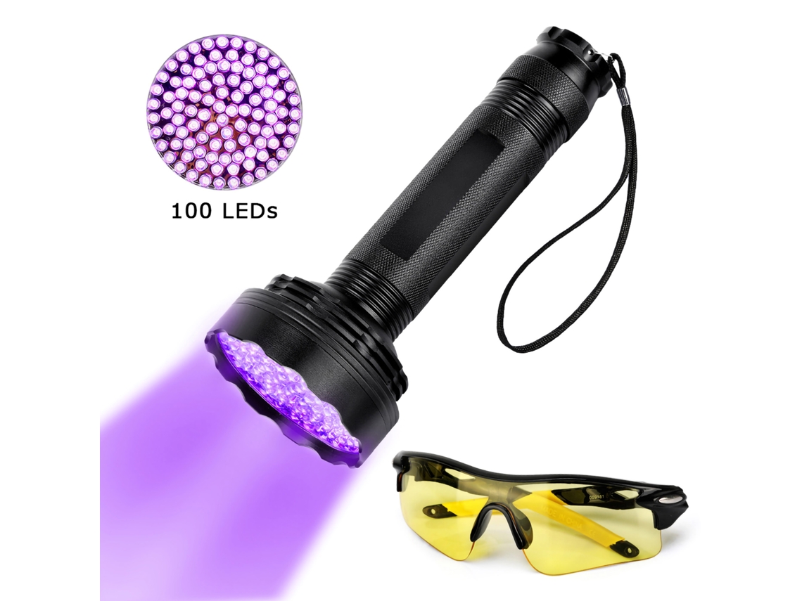 Lanterna Uv com 100 Leds Preta Tocha Ultravioleta e Óculos de Proteção | S/MARCA
