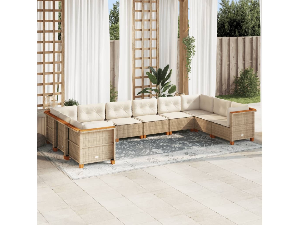 Vidaxl 10 Pcs Conjunto De Sofás P/ Jardim Com Almofadões Vime Pe Bege