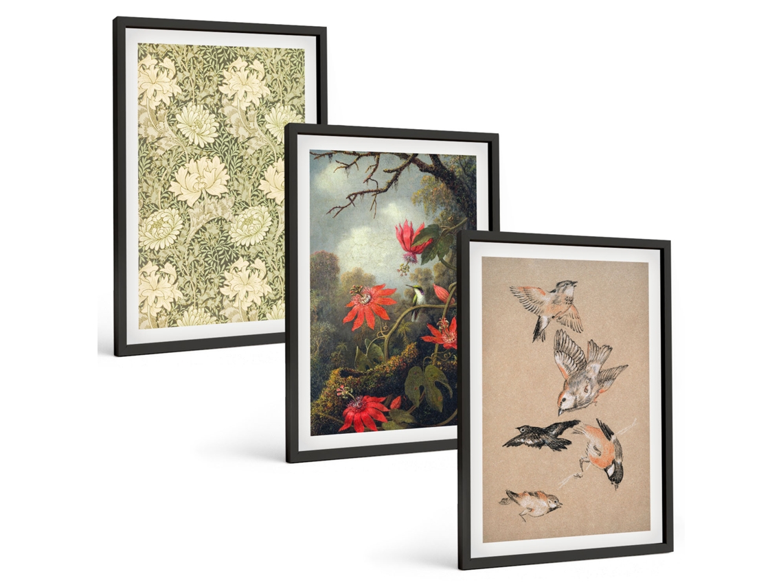 Conjunto De Pinturas Flores, Pássaros, Natureza, Natureza Espelharte (3 Peças 40x60 Cm)