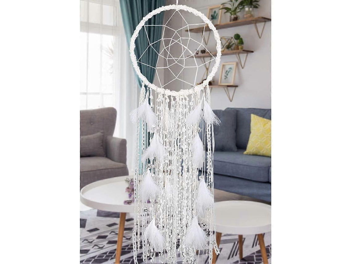 Omni cazador de Sonhos Grande com Penas Brancas e Campainha Macramé Decoração de Parede Boho (branco)