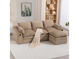 Sofá Modular 3 Lugares Em Veludo Cotelê Cáqui Com Puff E Bolsos Laterais
