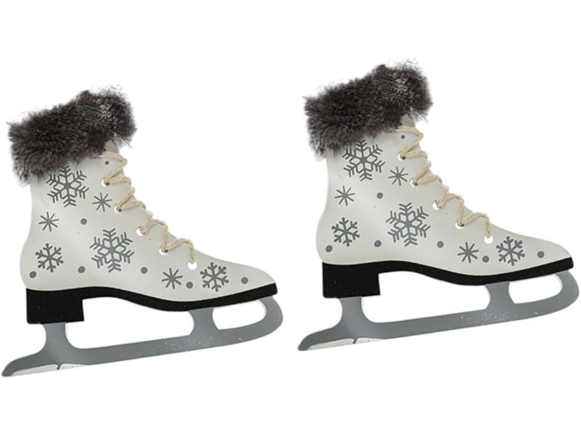 Conjunto 2 Enfeites Madeira Formato Patins Pendurar Cinza Branco Leves 345g Natalinos Árvores Janelas Portas GOKOCO