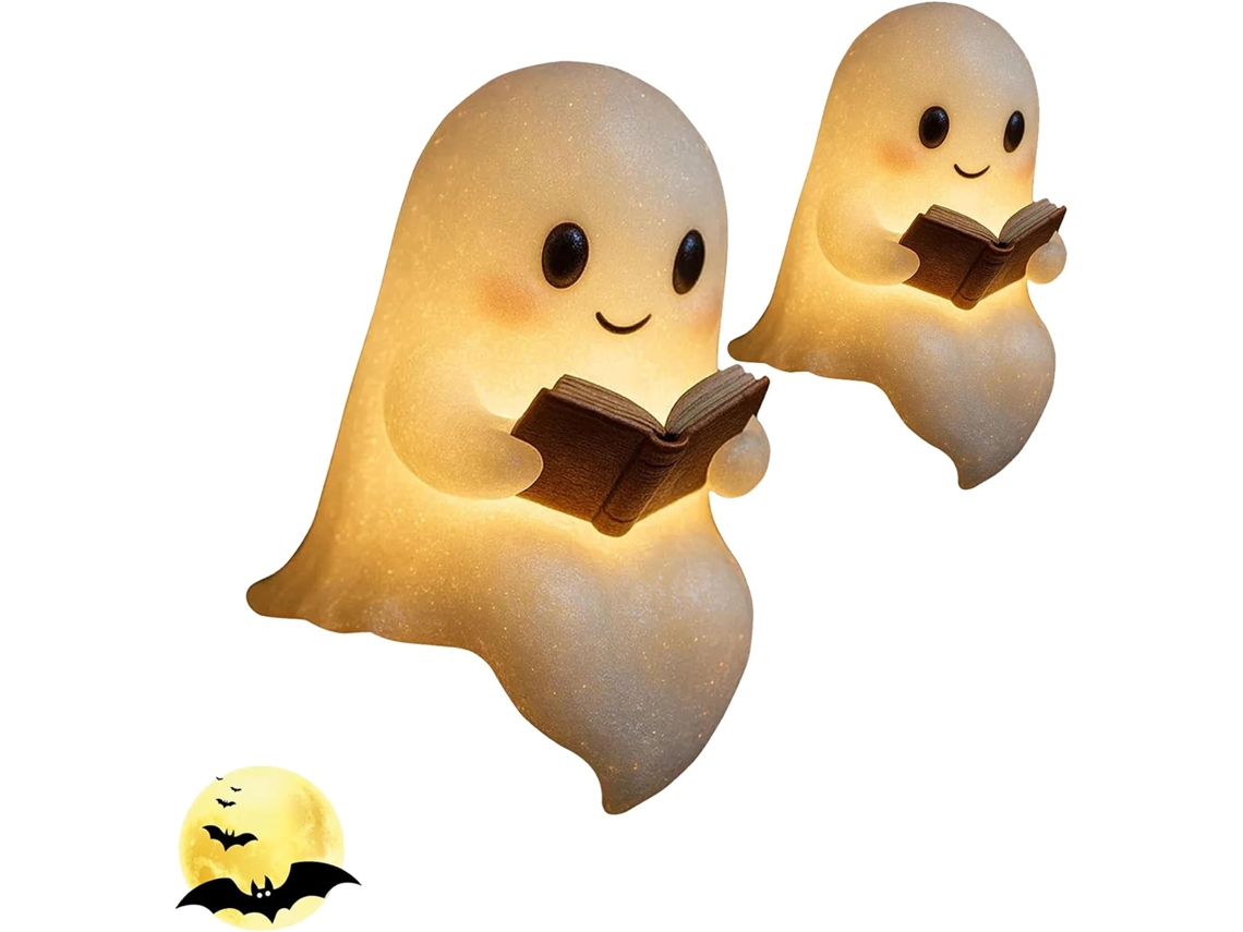 Luminária Noturna Fantasma Fofa Para Leitura – Estatueta De Halloween Em Resina Com Bateria, Luminária De Mesa Led Sem