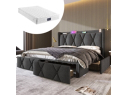 Cama de Casal 140x200 Cm com Led, Porta Usb, 4 Gavetas, Arrumação Hidráulica, Estrado de Ripas em Madeira Cinza, com Colchão VSOGA