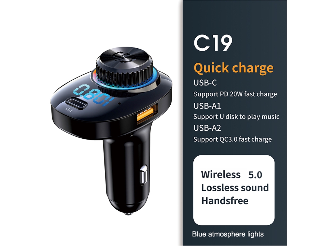 Transmissor Fm YIZHOOD C19 Bluetooth 5.0 Uma Chave Handfree Mp3 Player Usb Music Play Qc3.0 Pd20W Carga Rápida Preto