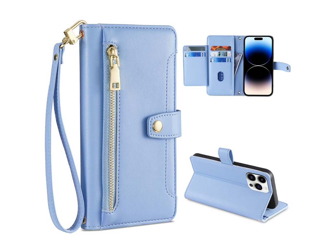 Capa Pega Para Iphone 14 Pro Max Pele Sintética Com Porta-cartões Azul