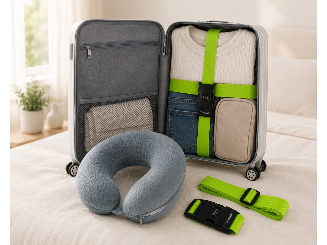 Conjunto Artigos Essenciais Viagem 2 Peças: Cinta Bagagem com Fechadura e Almofada NORTHIO