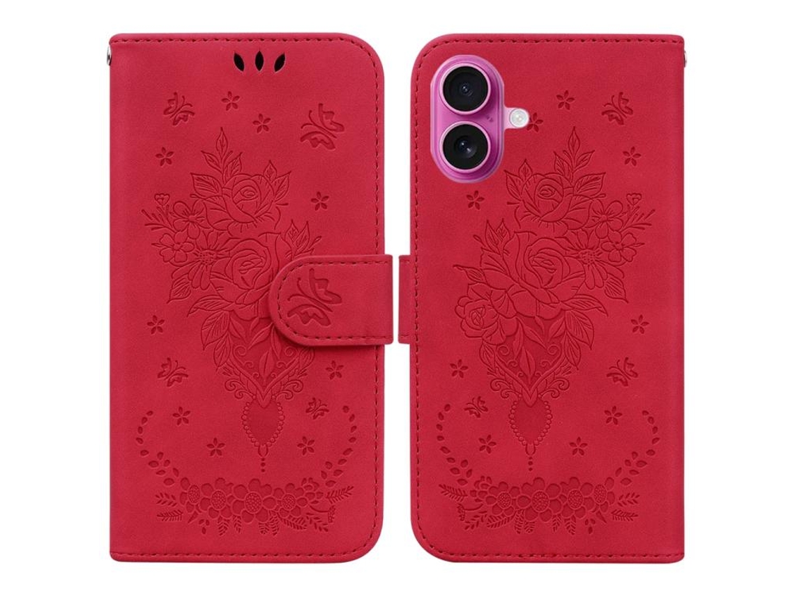 Capa Para Iphone 17 Em Couro Com Estampa De Borboleta E Rosa.