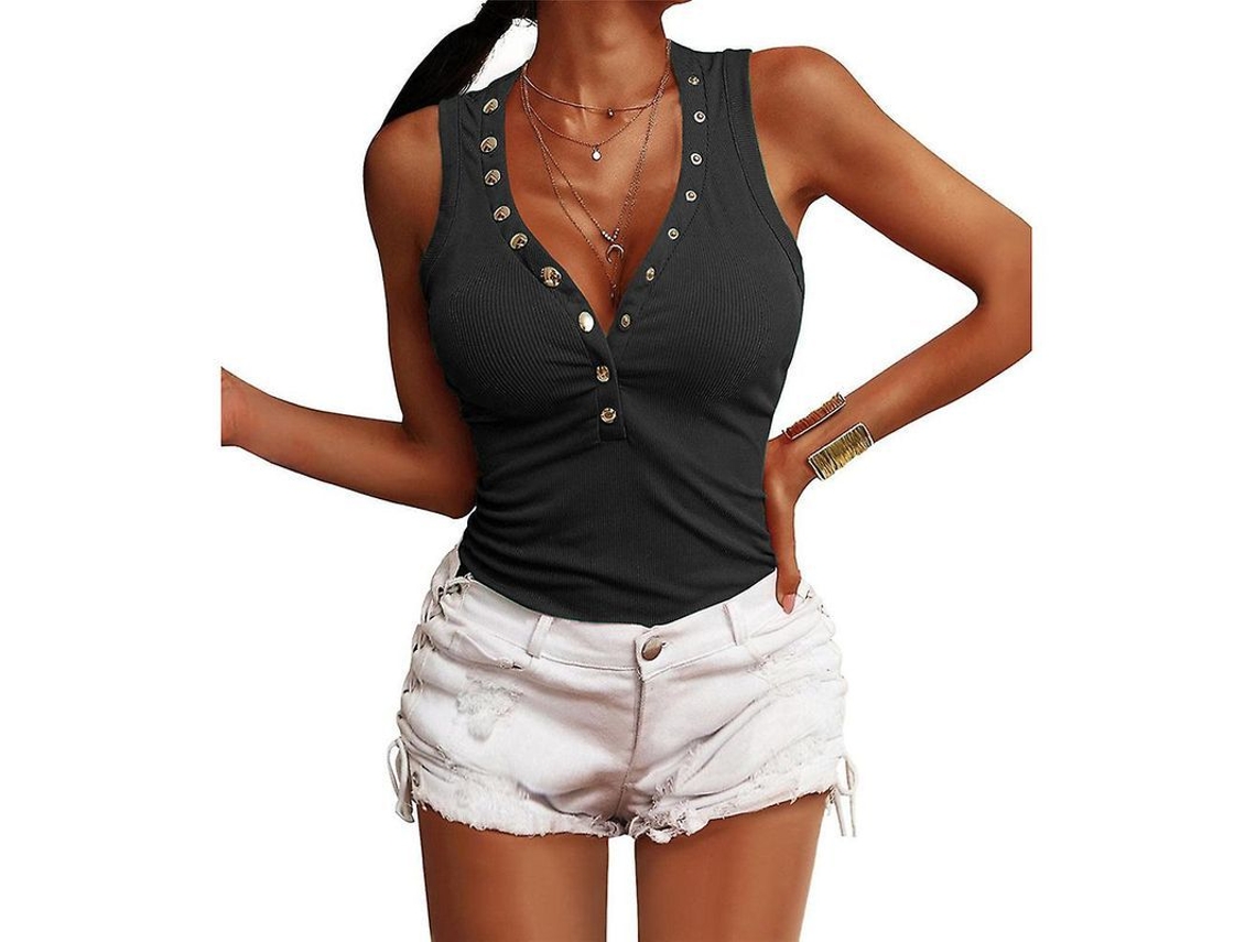 Blusa feminina sem mangas, com botões, decote em V, modelagem justa e canelada, em mistura de algodão, modelo 2026.