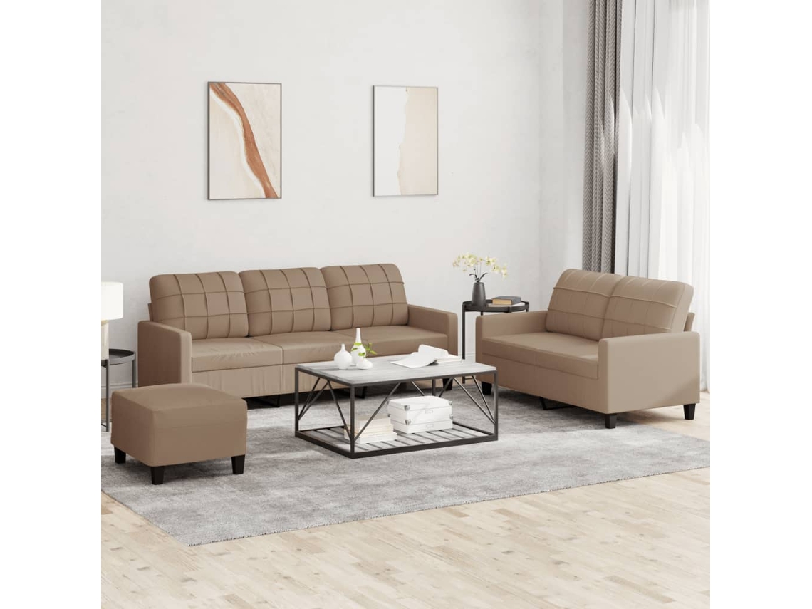 Vidaxl 3 Pcs Conjunto Sofás C/ Almofadões Couro Artificial Cappuccino