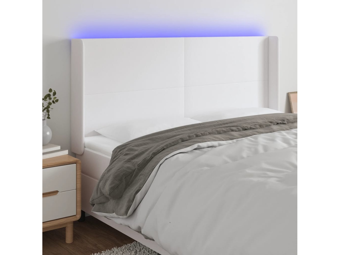 Vidaxl Cabeceira Cama C/ Led Couro Artificial 163x16x118/128 Cm Branco