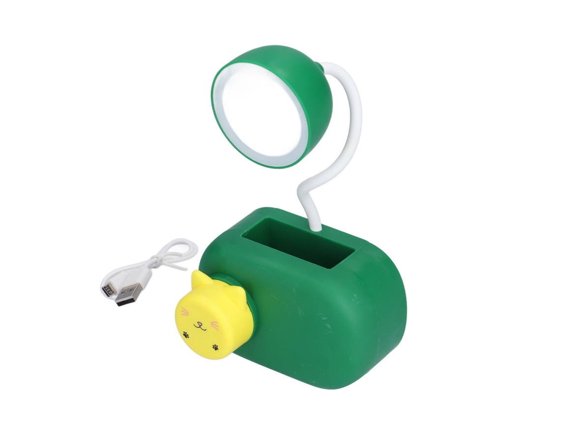 Lâmpada De Escritório Gatito Cartoon Led Multifuncional Com Afiador De Lápis E Cabo Usb Para Crianças, Quarto E Escritório - Verde Escuro