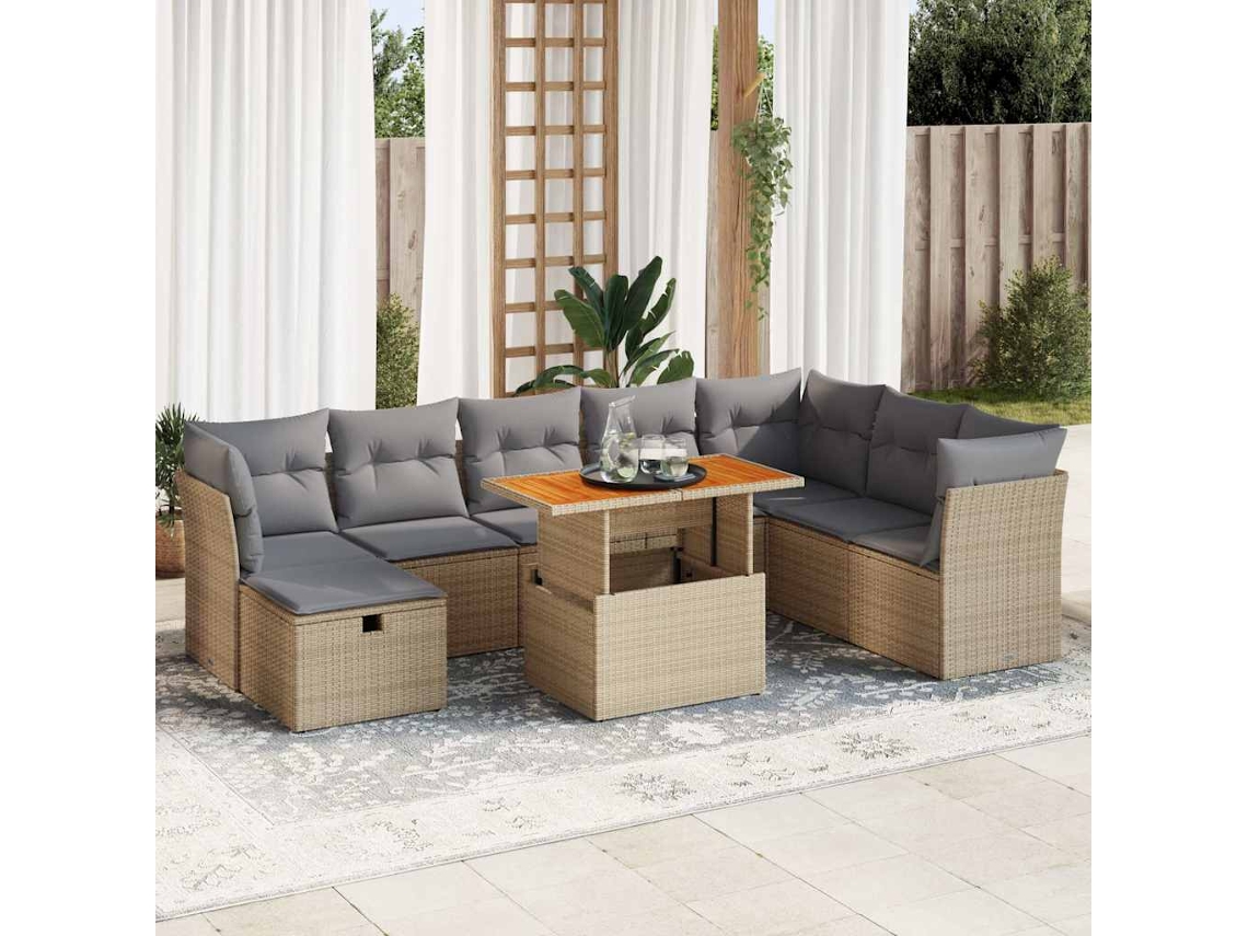 Vidaxl 9 Pcs Conjunto Sofás Jardim Com Almofadões Vime Pe/acácia Bege